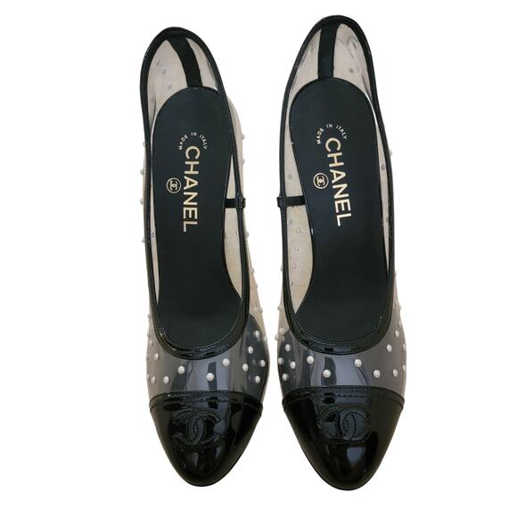 Chanel Cap Toe Paris Hamburg CC Logo PVC Pearl Pumps Black Patent 39.5 9 - Picture 3 of 11